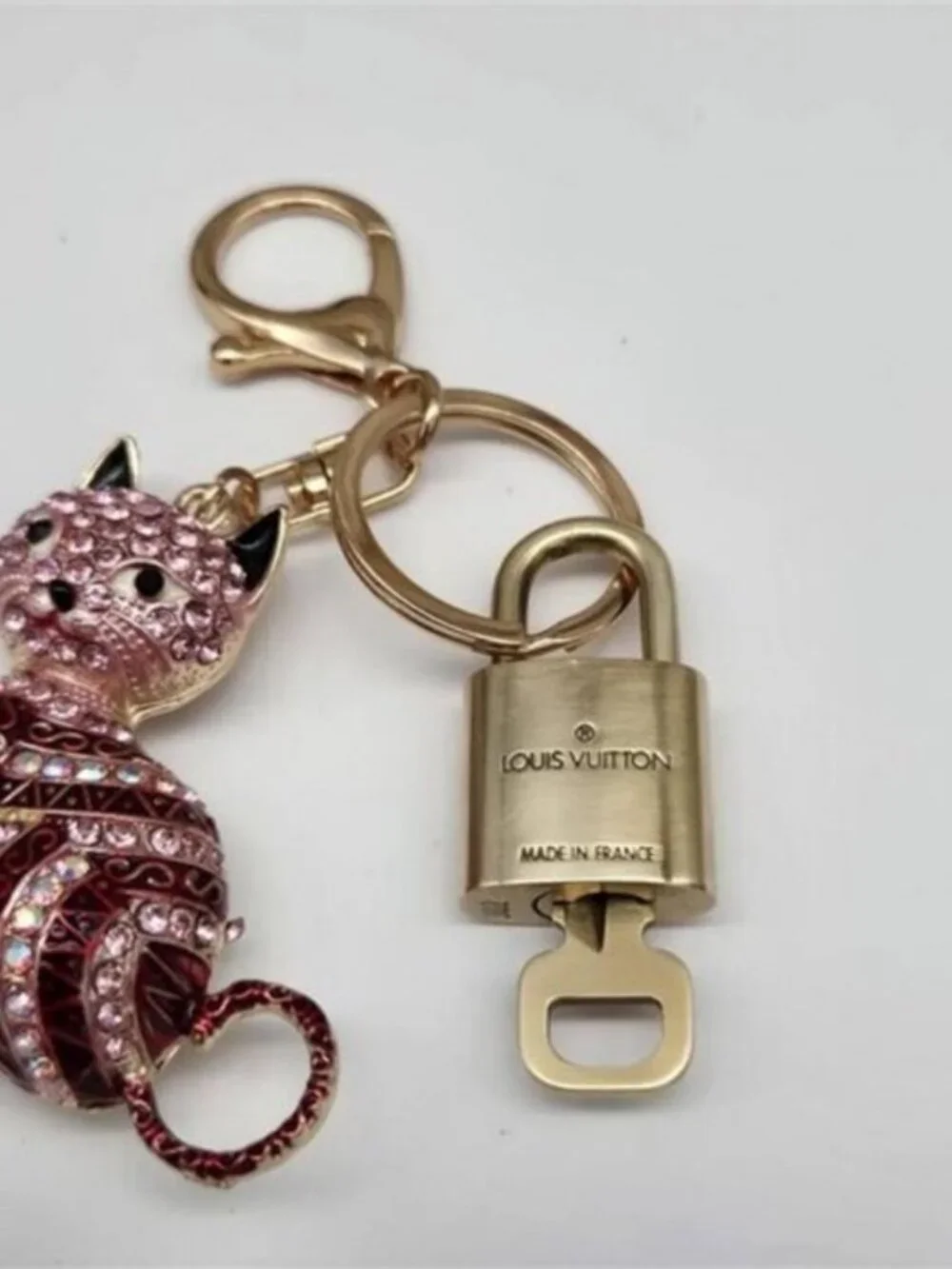 Authentic LV Gold Padlock & Key Set ✨ Luxury Bag Charm w/ Unbranded Cat Keychain